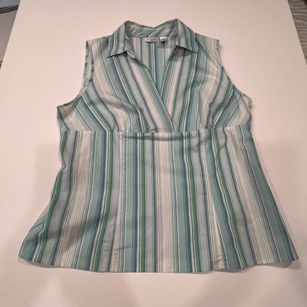 GH Bass & Co Womens XL Blue Green Striped Sleeveless V-Neck Collared Blouse Top